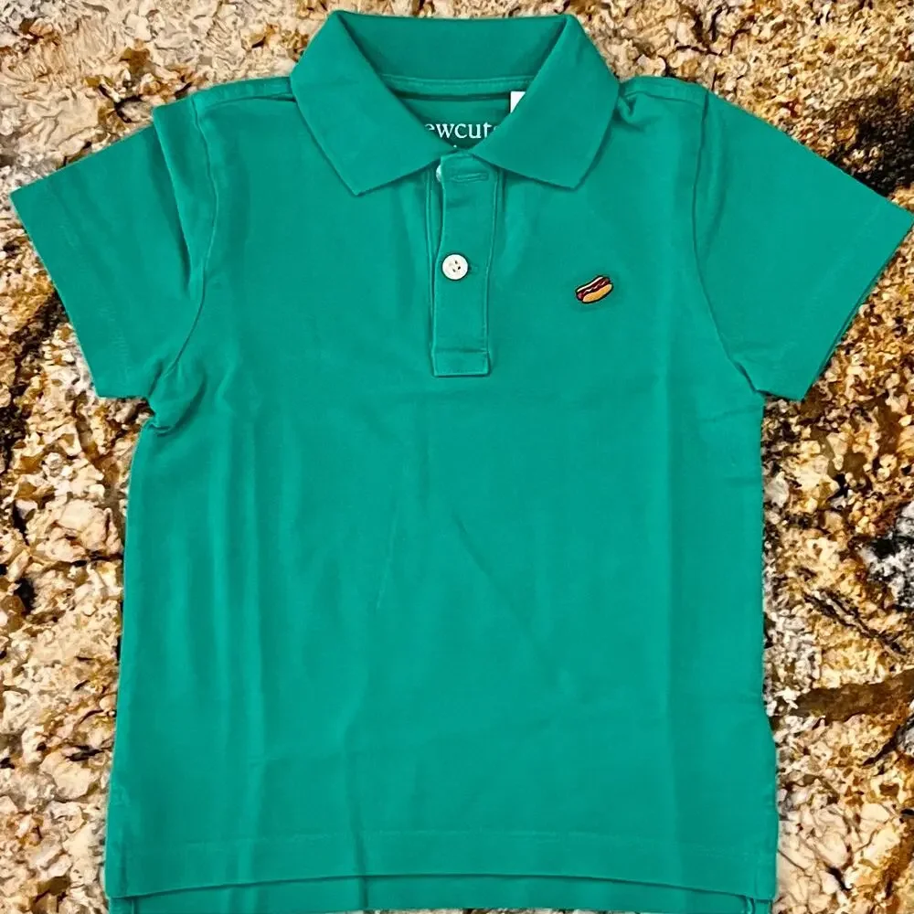NWT J. Crew Boys' Green W/Embroidered Hotdog Sort Sleeve Polo Shirt - SIZE 2